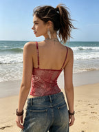 Women's Summer New Bohemian Vacation Style Travel Party Mesh Semi-Sheer V-Neck Irregular Ruffle Camisole Top, Slim Fit Waist-Revealing Versatile Multi-Color Item - The color of rouge