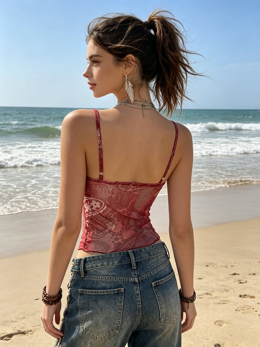 Women's Summer New Bohemian Vacation Style Travel Party Mesh Semi-Sheer V-Neck Irregular Ruffle Camisole Top, Slim Fit Waist-Revealing Versatile Multi-Color Item - The color of rouge