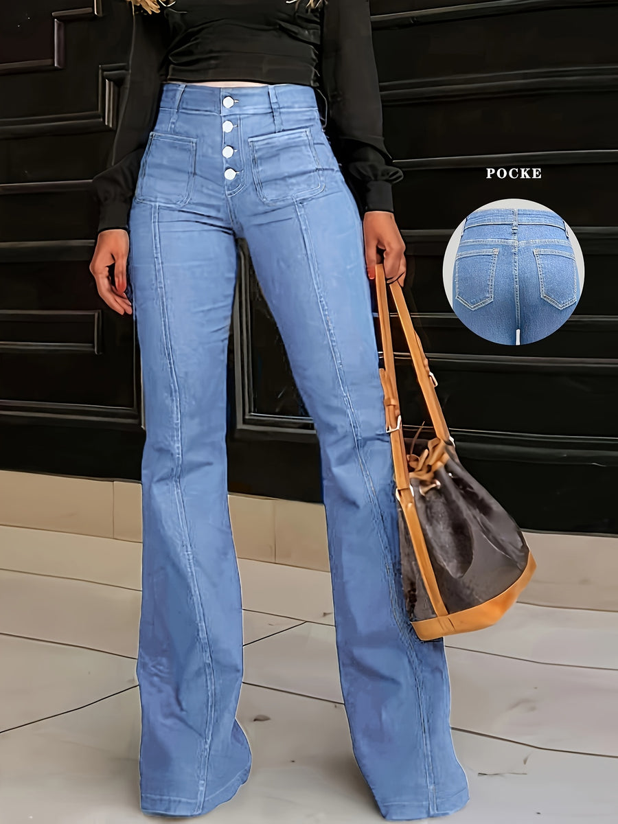 Women's Button-fly, Stretch Denim, Slim-fit Flared Pants, Elegant and Classic, Versatile Fashion, All-season Style, Women's Flared Jeans - Sky Blue
