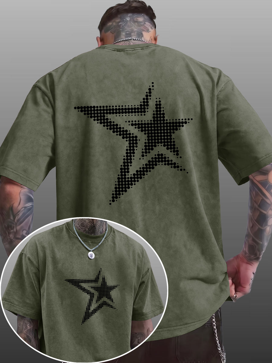 Men's Short-Sleeve T-Shirt, Pure Cotton Loose Fit Washed Distressed Half-Sleeve Top, Dot Matrix Overlapping Double Five-Star Trendy Reverse Double-Sided Print, Multiple Colors for Mix & Match, American Streetwear High Street Hip-Hop Y2K National - Olive Green