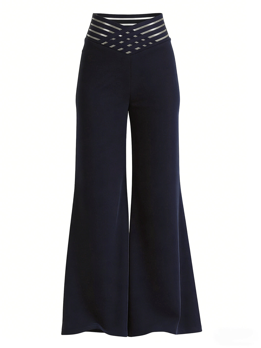 Women'S Crossed Waist Straight Leg Pants, Mesh Waistband Design, Solid Color Slightly Elastic Casual Trousers Suitable for Travel And Dates - Navy Color