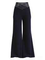 Women'S Crossed Waist Straight Leg Pants, Mesh Waistband Design, Solid Color Slightly Elastic Casual Trousers Suitable for Travel And Dates - Navy Color