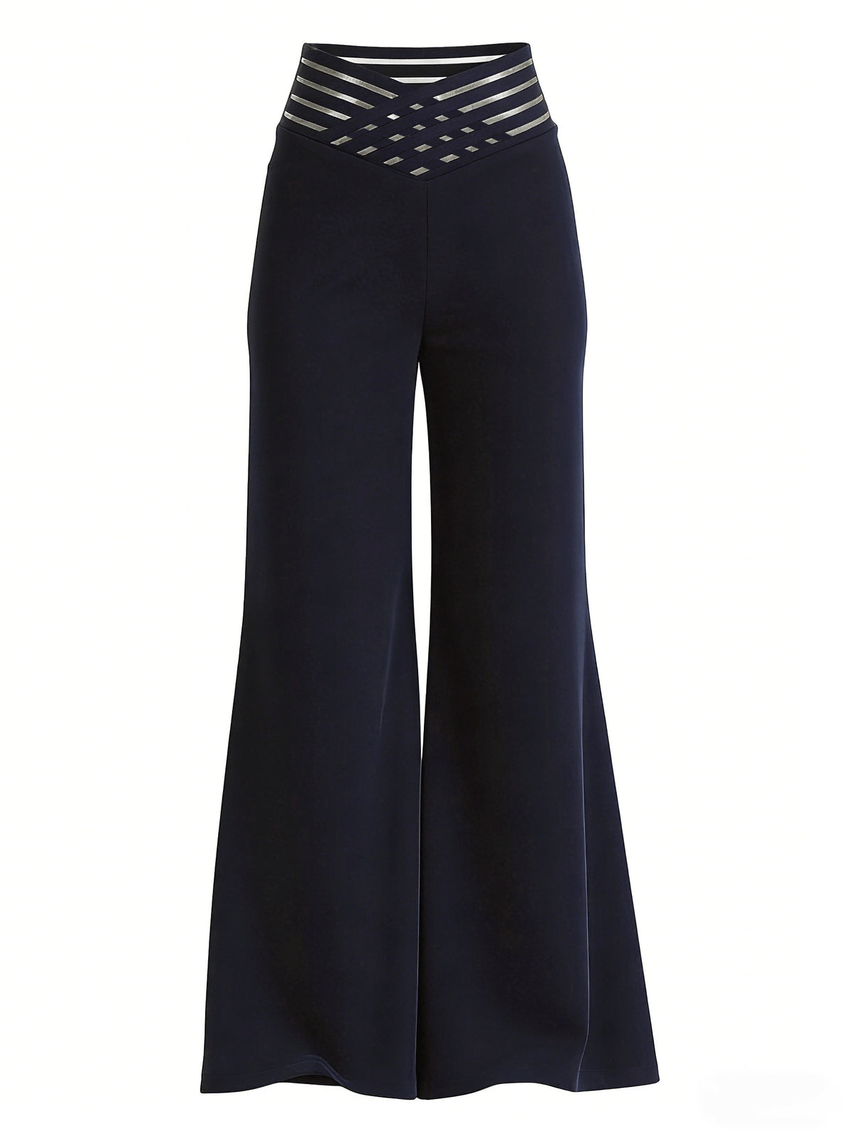 Women'S Crossed Waist Straight Leg Pants, Mesh Waistband Design, Solid Color Slightly Elastic Casual Trousers Suitable for Travel And Dates - Navy Color