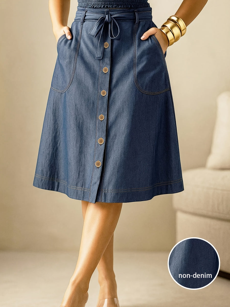 Women'S Fashion Commuter Versatile A-Line Midi Skirt, High-Waist Tie-Front Button-Up Skirt with Pockets - Blue