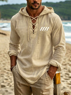 Men's Stylish Linen Hooded Long-sleeve Top Features a Geometric Slash Line Print Across the Chest for a Striking Visual Accent. The Cross-tie V-neck Collar Offers a Distinctive Collar Style, While the Hooded Long Sleeves and Arched Hem Make It - Khaki