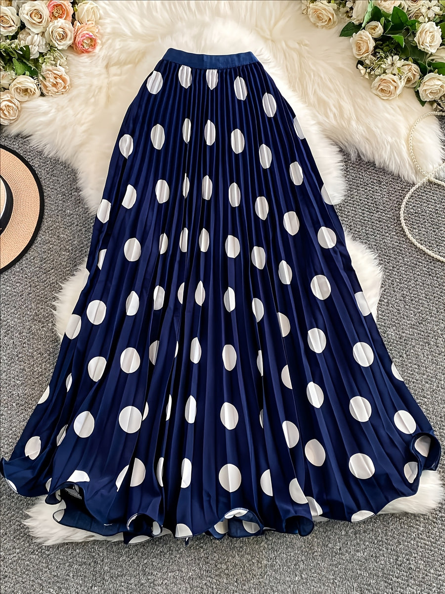 Women'S Elegant Pleated Long Skirt, Fashionable Versatile Polka Dot Half Skirt - Royal Blue