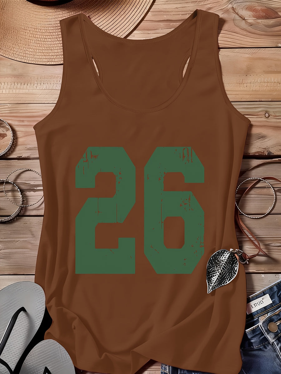 A Series of Arabic Numerals, a Comfortable And Casual Tank Top with a Full Print of The Letter '26', Suitable for Travel, Leisure, And Outdoor Street Scenes - Brown