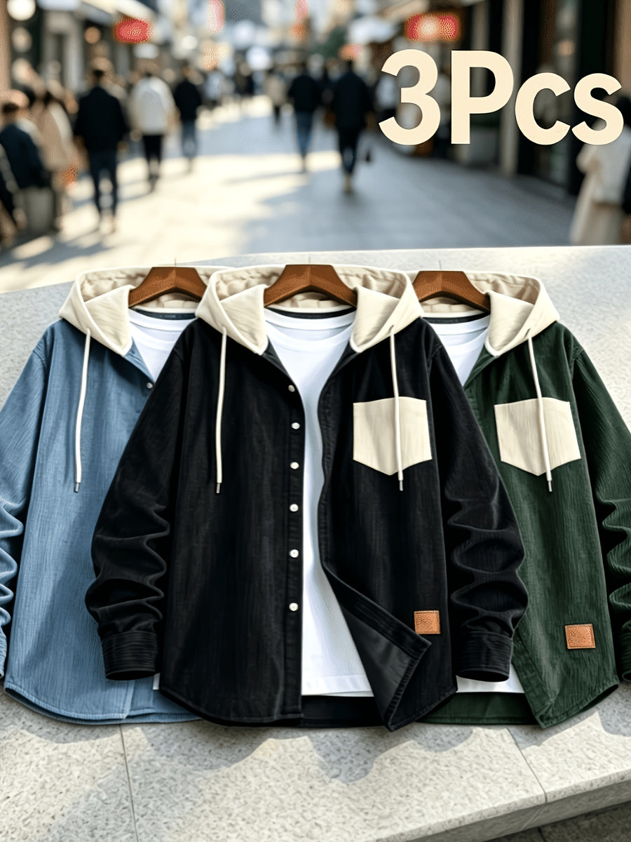 Men'S Fashion Corduroy Hooded Long Sleeve Shirt, Men'S Casual 3pcs Set Hooded Top Shirt - Blue Plus Black Plus Green