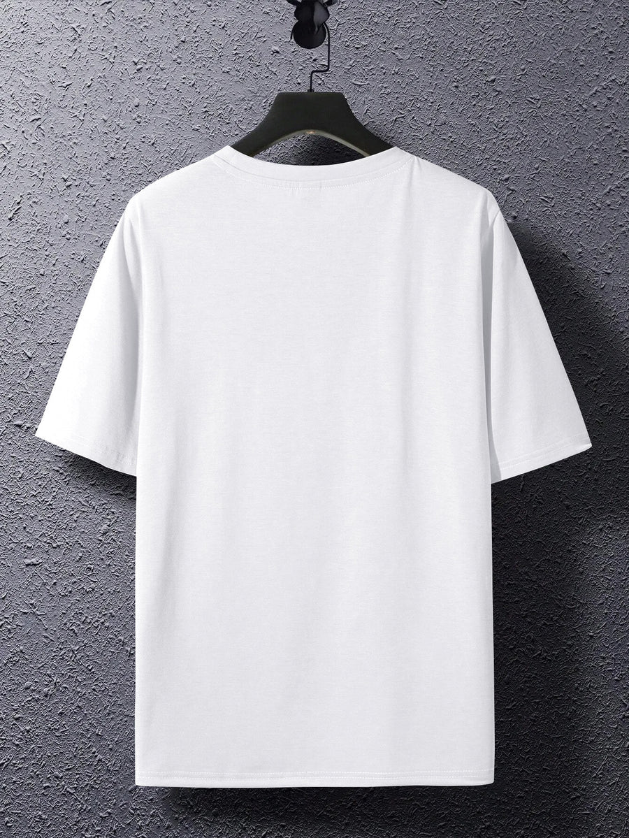 Men's Trendy Short-Sleeve T-Shirt with Minimalist Brown Long Strip Logo Print on the Chest, Crew Neck Top for Daily Wear - White