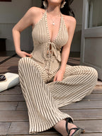 Casual Sexy Commuter Striped V-Neck Cami Top And High-Waist Wide-Leg Pants 2pcs Set - Khaki