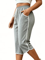 3pcs Drawstring Capri Pants, High-Waist Elastic Drawstring Waistband, Side Contrast White Thread Trim Design, Loose Capri Fit Comfortable And Breathable, Women'S Casual Trousers - Black+Navy+Light Gray