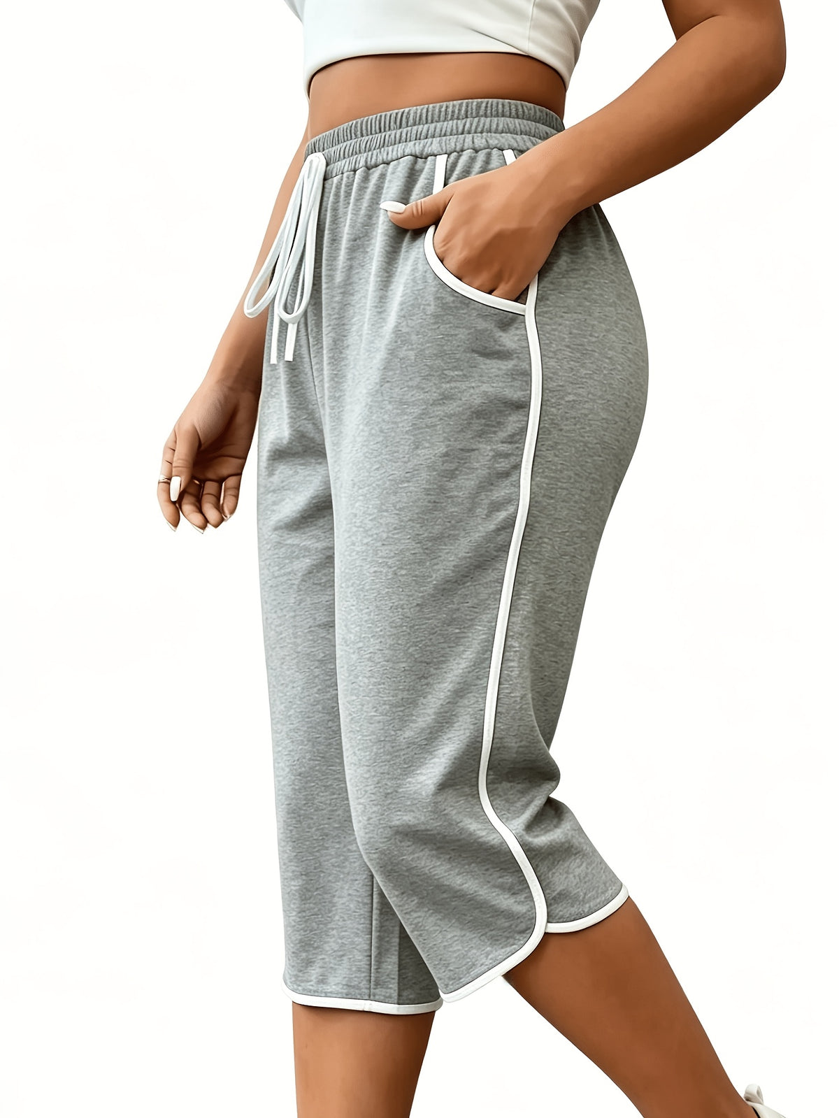 3pcs Drawstring Capri Pants, High-Waist Elastic Drawstring Waistband, Side Contrast White Thread Trim Design, Loose Capri Fit Comfortable And Breathable, Women'S Casual Trousers - Black+Navy+Light Gray