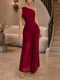 Western Sexy One-Shoulder Crossbody Dress, Single Sleeve Asymmetrical Neckline, All-Over Shirred Shaping with Front Center Drawstring Ruching, Sheer Slit Fitted Mermaid Evening Dress - Red