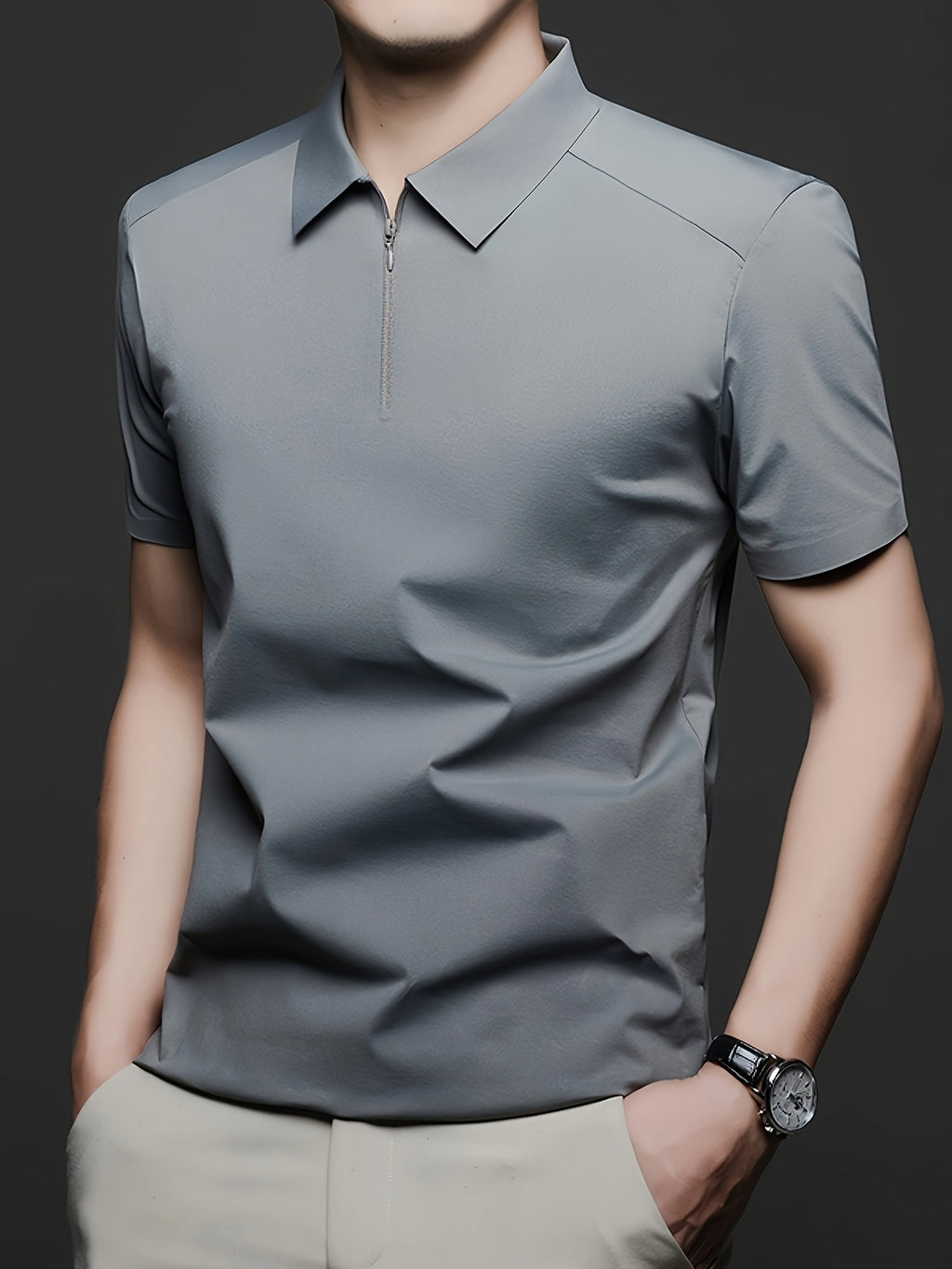 Men's Summer Lapel Polo Shirt, Fashionable and Versatile Light Luxury Zipper Top, Business Casual Breathable Short-Sleeve T-Shirt, Suitable for Daily Work Scenes - Dark Gray