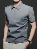 Men's Summer Lapel Polo Shirt, Fashionable and Versatile Light Luxury Zipper Top, Business Casual Breathable Short-Sleeve T-Shirt, Suitable for Daily Work Scenes - Dark Gray