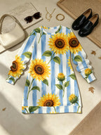Women's Sunflower Stripes All-Over Print Maxi Dress - Long Sleeve A-Line Dress with Crew Neck & Straight Hem, -Compatible for Commuting, Home, Dating | Fall/Winter Casual Wear Suitable for Commute, Home & Dating, Non- Dress - Multicolor