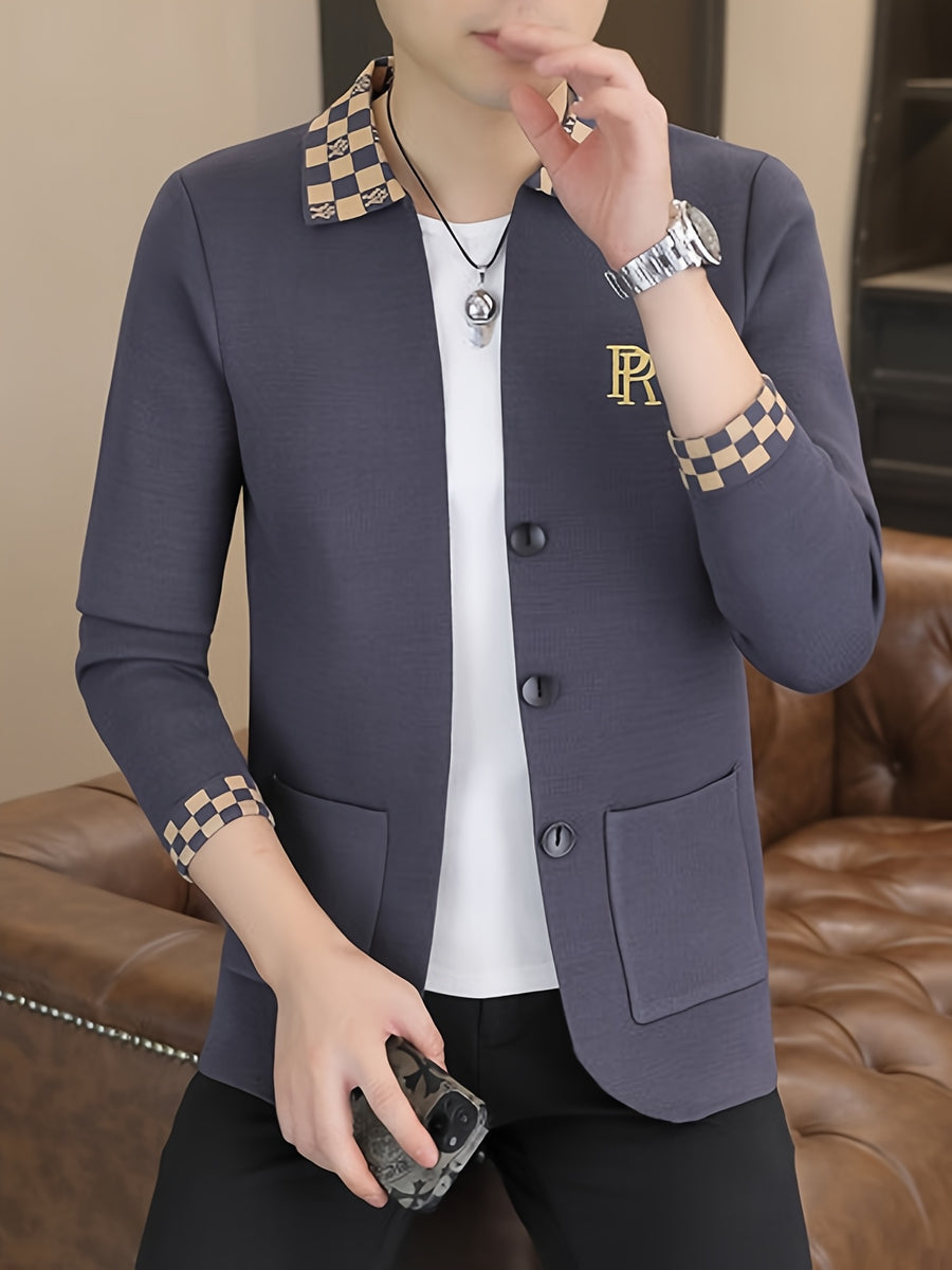 [Wading Whale OBM] Spring/Autumn New Men'S Knit Cardigan, Old Money Style Color-Block Checkered Lapel with Embroidered Logo Pocket And Button-Front Design, Men'S Business Casual Fashion Cardigan Top, Suitable for Spring, Autumn, Winter Outerwear - Dark Gray