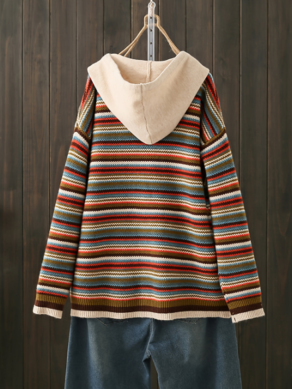Hooded Striped Color-Block Sweater Hoodie Long Sleeve Korean Style Preppy Hooded Sweater - Mixed colors