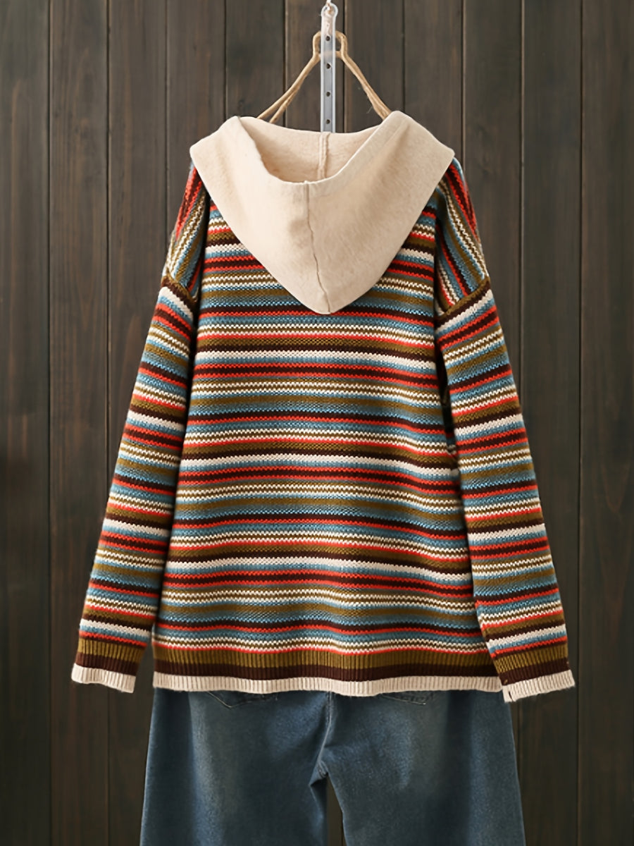Hooded Striped Color-Block Sweater Hoodie Long Sleeve Korean Style Preppy Hooded Sweater - Mixed colors