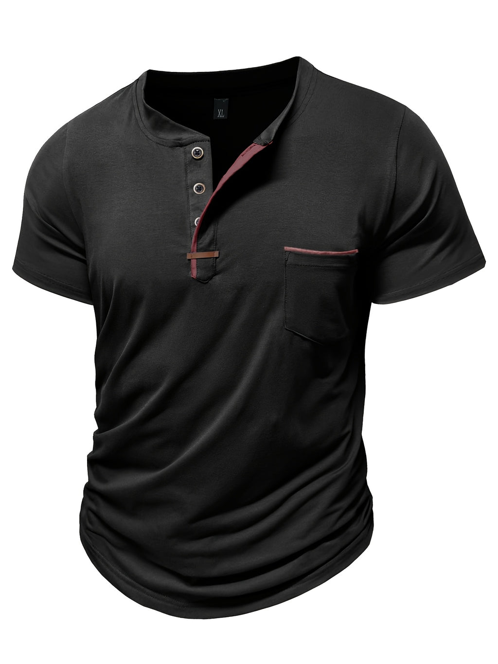 Fashion Men's Summer Short-sleeve T-shirt, Casual Round-neck Henley Shirt with Pocket - Black
