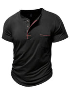 Fashion Men's Summer Short-sleeve T-shirt, Casual Round-neck Henley Shirt with Pocket - Black