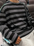 Spring/Autumn New Trendy Fashion Versatile Casual Men'S Knit Pullover Sweater, Easy Lazy Style Striped Aesthetic Casual Round Neck Sweater Long Sleeve, Office School Commute Vacation Street Dance Outfit - Black
