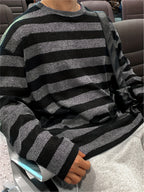 Spring/Autumn New Trendy Fashion Versatile Casual Men'S Knit Pullover Sweater, Easy Lazy Style Striped Aesthetic Casual Round Neck Sweater Long Sleeve, Office School Commute Vacation Street Dance Outfit - Black