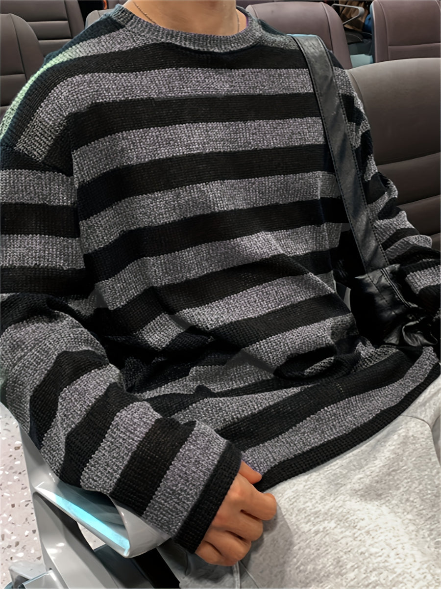 Spring/Autumn New Trendy Fashion Versatile Casual Men'S Knit Pullover Sweater, Easy Lazy Style Striped Aesthetic Casual Round Neck Sweater Long Sleeve, Office School Commute Vacation Street Dance Outfit - Black