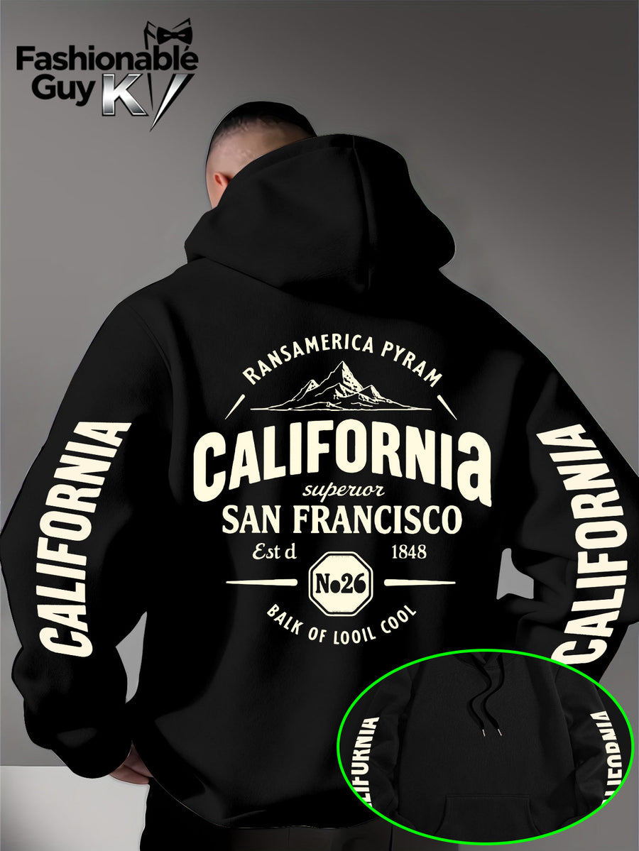 Hooded Sweatshirt with Street Culture Symbols: Featuring a "CALIFORNIA" Print That Embodies the Grandeur of the Wilderness and the Pioneering Spirit, This Sweatshirt Serves as an Exclusive Symbol for Street Culture Enthusiasts to Connect - Black