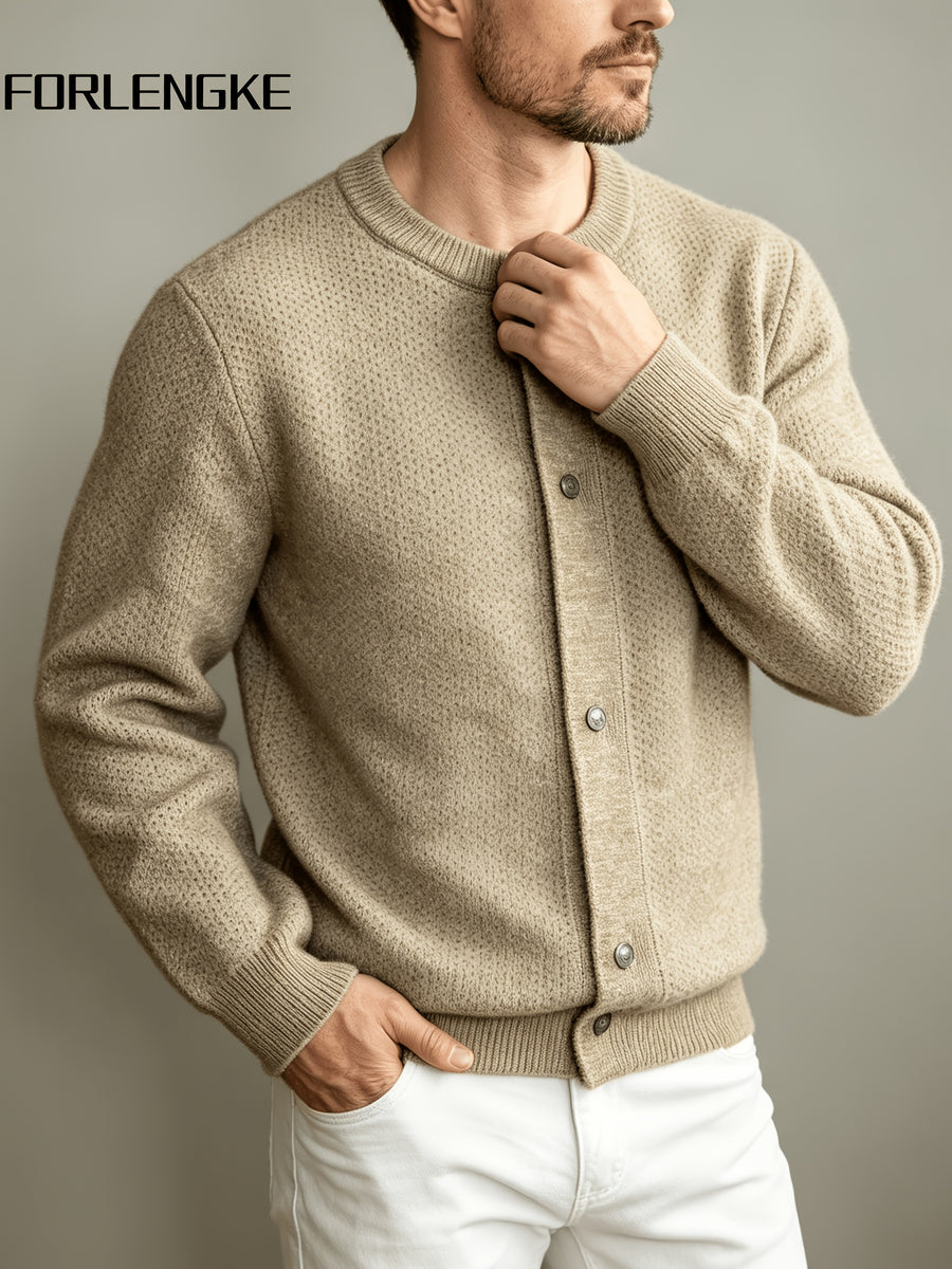 FORLENGKE Men's Crew Neck Knit Cardigan, New Spring/Autumn Solid Color Sweater Outerwear, Simple Single-Breasted Casual Long Sleeve Top, Light Luxury Versatile Loose-Fit Outer Knit Jacket for Men's Commuting Outfits - Clip Flower Coffee