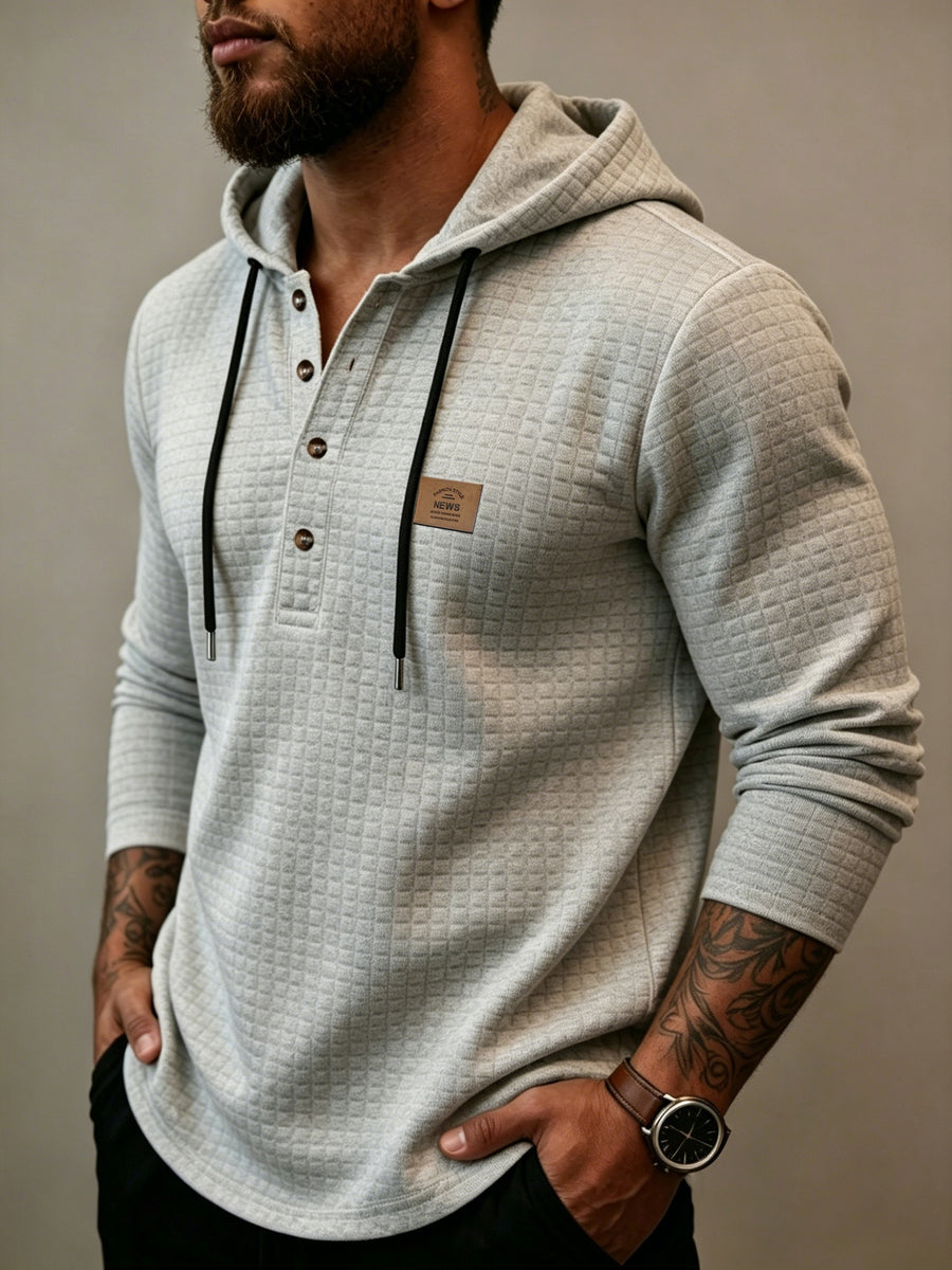 Men'S Fashion Hooded Sweatshirt, Autumn/Winter New Long Sleeve Half-Open Cardigan Top, Niche Small Checkered Jacquard Comfortable Warm Fabric, Solid Color Knit with Hood Craft Trendy Men'S Clothing, New Fabric Craft Design - Grey