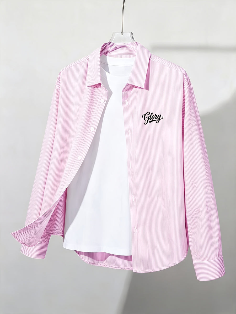 Spring/Autumn Thin All-Match Basic Letter Print Multi-Color Optional Long Sleeve Thin Striped Casual Outerwear Shirt - Pink03Ver