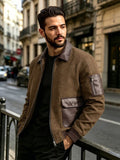 EXARUS American Retro Men'S Lapel Jacket, Patchwork Cargo Zipper Coat, Western Street Trendy Top. Delicate Contrast Color Pockets, Chest Button-Up Pouch And Arm Zippered Sleeve Pockets, Brown And Gray Available, Loose Fit - Light Brown-1