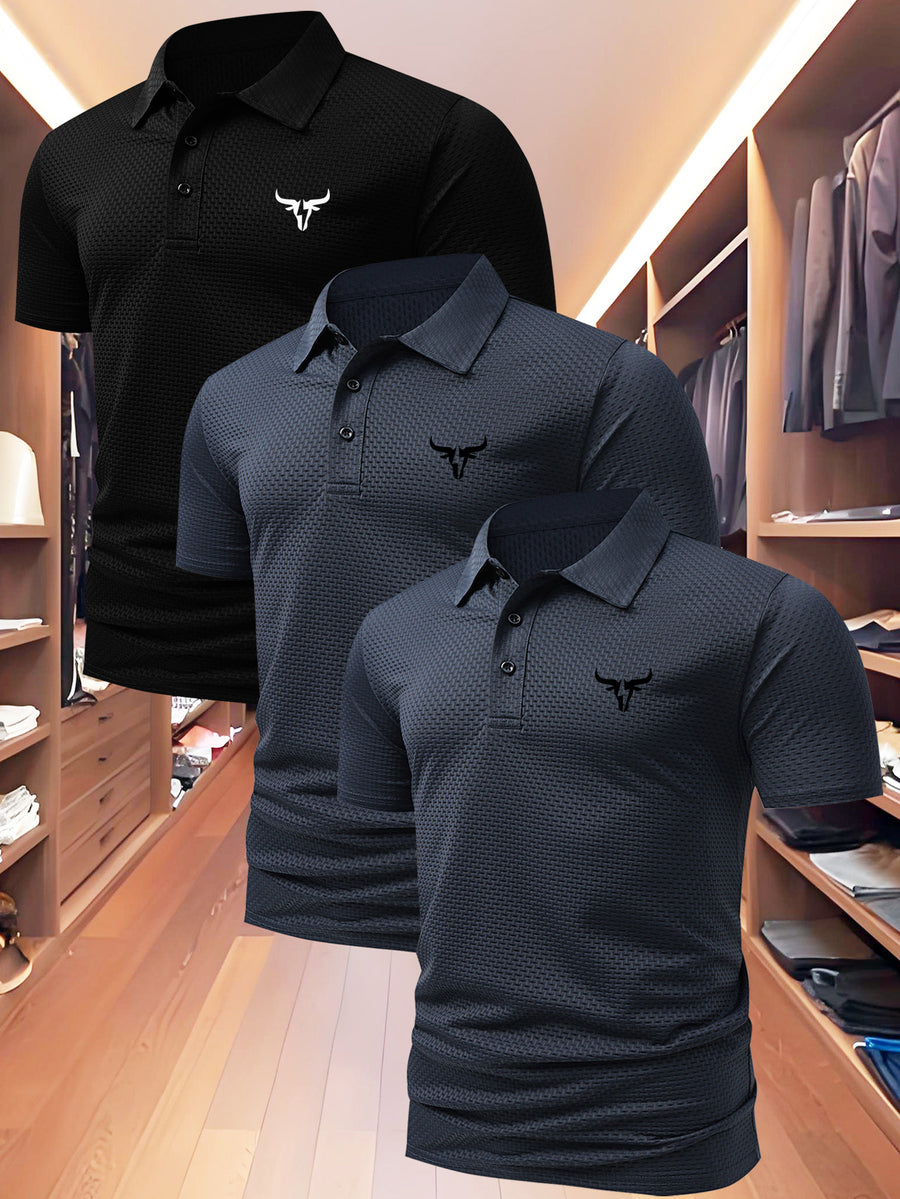 3pcs Value Pc, Summer Short-sleeve Polo Shirt! New Jacquard Fabric, Quick-drying, Lightweight and Breathable, Easy to Wash and Dry Quickly. Men's Color-blocked Cool and Comfortable Polo Shirt with Lapel, for Sports and Casual Wear. Men's Short-sleeve - Black Qingqing