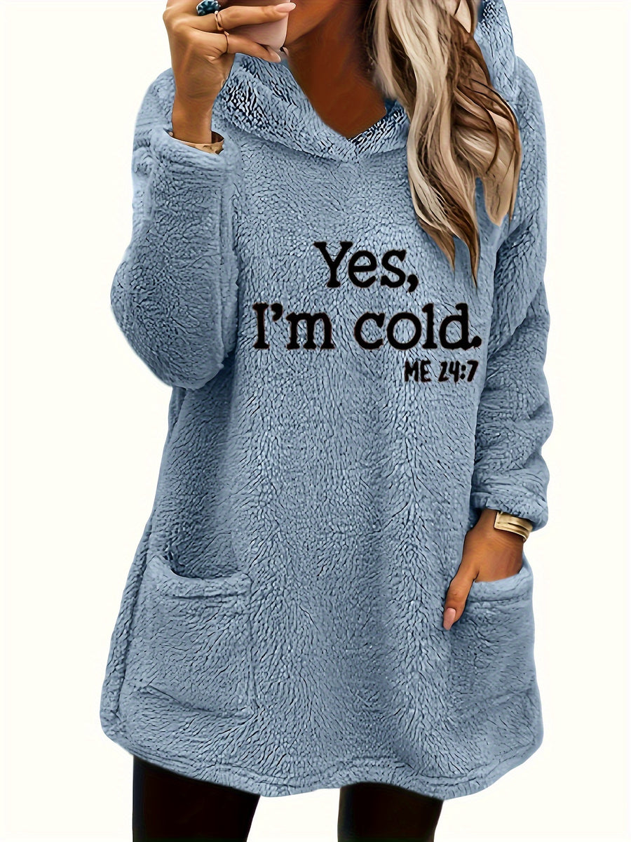 Women's "Yes I'm Cold" Printed Teddy Bear Hooded Sweatshirt - 100% Polyester Relaxed Fit Long Sleeve Pullover with Double Pockets, Cozy Fleece-Lined Casual Winter Top for Fall & Winter - Sky Blue