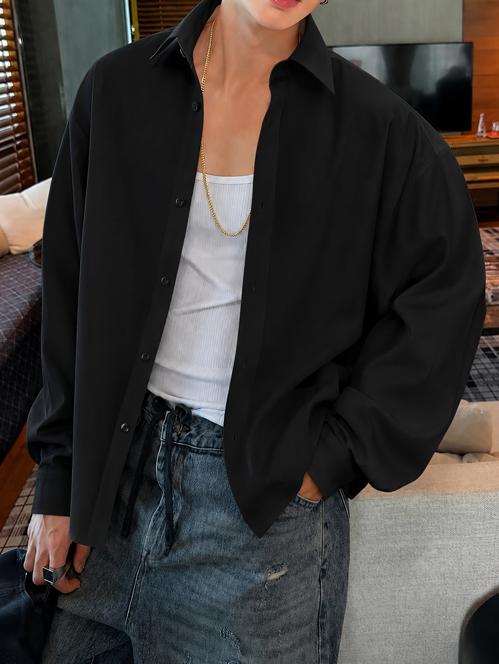 Solid Color Long Sleeve Shirt for Men, Fashionable Spring/Autumn Casual Loose White Shirt, Daily Commute Business Workwear, Korean Style Temperament Top Shirt Jacket - Black