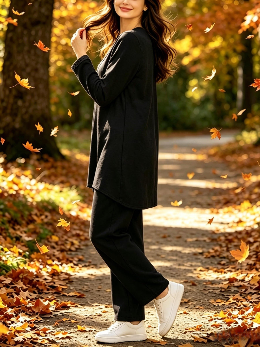 Ramadan Elegant Ladies Set Abaya Dress And Pants Solid Color Round Neck Embroidered Chest And Sleeve Applique Top Elastic Waist Long Pants Commute Casual Two-Piece Set - Black