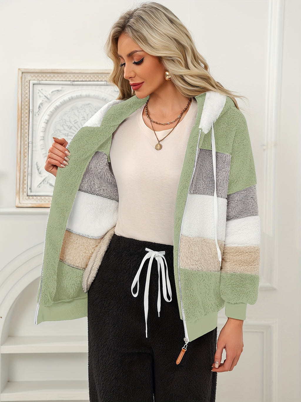 Women's Fuzzy Hooded Jacket Color Block Zip-Up Coat Warm Outerwear with Pockets for Autumn Winter Casual Outdoor Wear - Ocean Green
