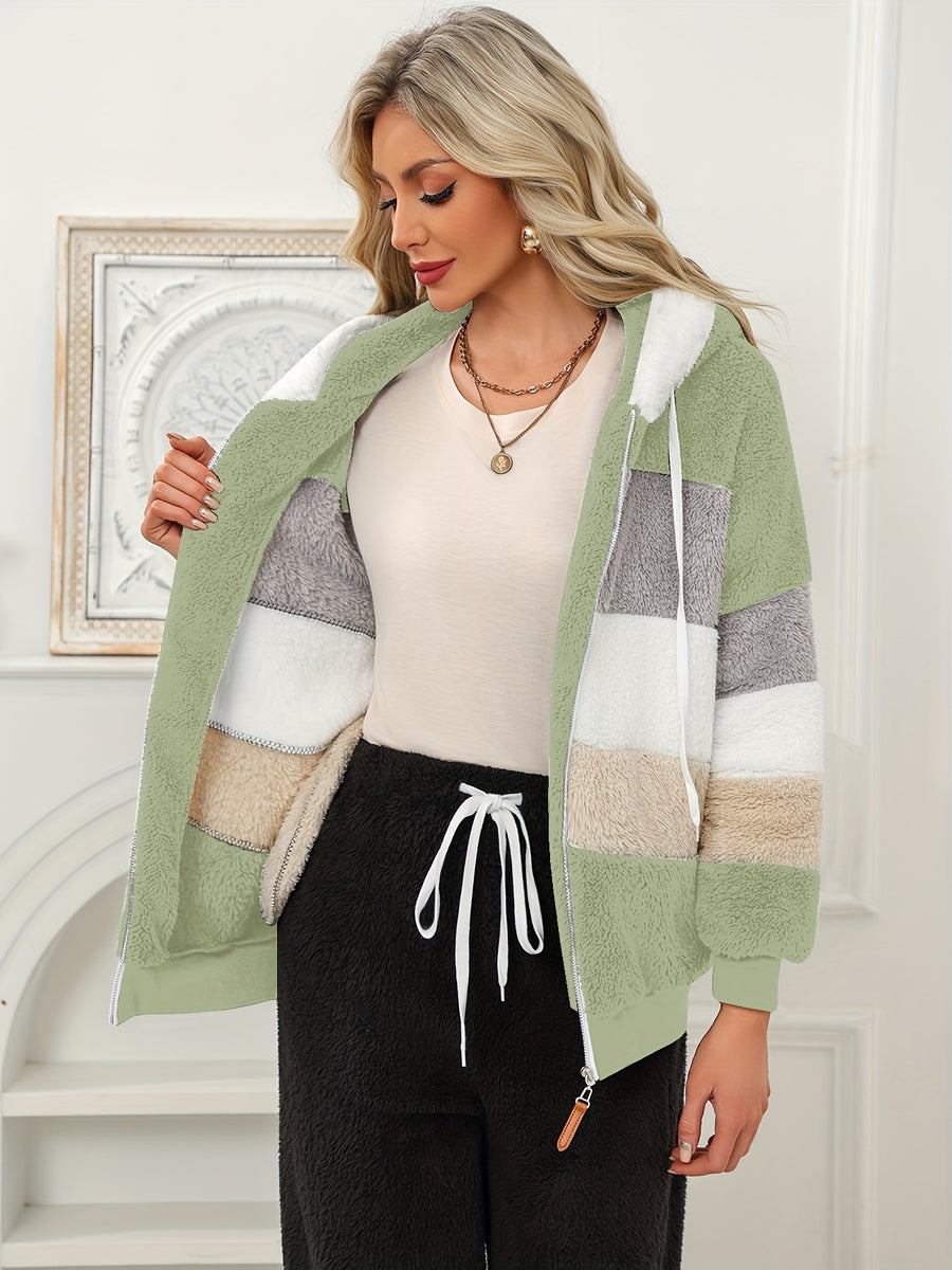 Women's Fuzzy Hooded Jacket Color Block Zip-Up Coat Warm Outerwear with Pockets for Autumn Winter Casual Outdoor Wear - Ocean Green