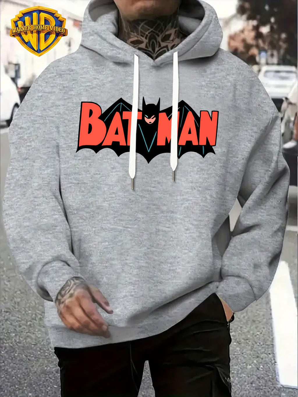 Warner Official Men'S Retro Comic Style Batman Hot-Blooded Trendy Printed Drawstring Hoodie, Warm And Machine Washable for Autumn And Winter, Multifunctional Street Sports And Leisure Loose Edition - Light Grey
