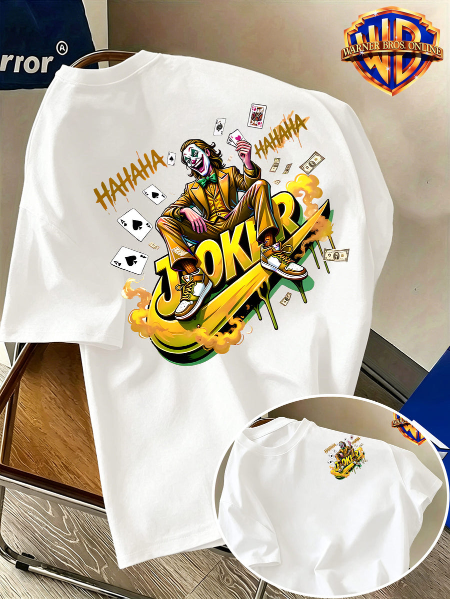 Warner Bros. Official Men's 100% Short-Sleeve T-Shirt, American Cool Vibe with Villain Illustration. Features a Simple Logo on the Chest and a Dynamic Joker Character Depiction on the Back, Incorporating American Streetwear Elements with Bold - White