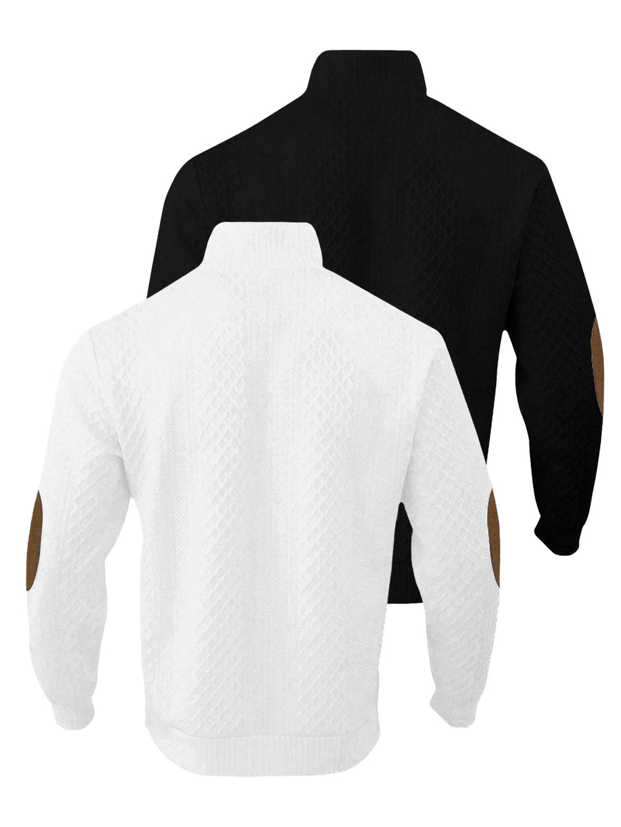 2pcs Men's Stand Collar Jacquard Knit Henley Shirts, Mature Vintage High Neck Pullover Polo, Random Texture Color-Block Collar Jacquard Patchwork Design, Suitable for Outdoor Casual Sports Wear, Ideal as Men's Birthday Gift, Outdoor Clothing - Black+White