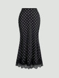 New Women'S Fashion Commuter Polka Dot High-Waist Slim-Fit Hem Lace Trim Half-Skirt, Suitable for Dating, Shopping, Vacation, Matching - Black And White