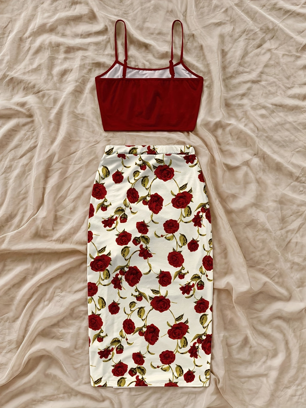 Women'S Fashion Floral Print Short Bodycon Dress, Casual Vacation Camisole Set for Women - Burgundy