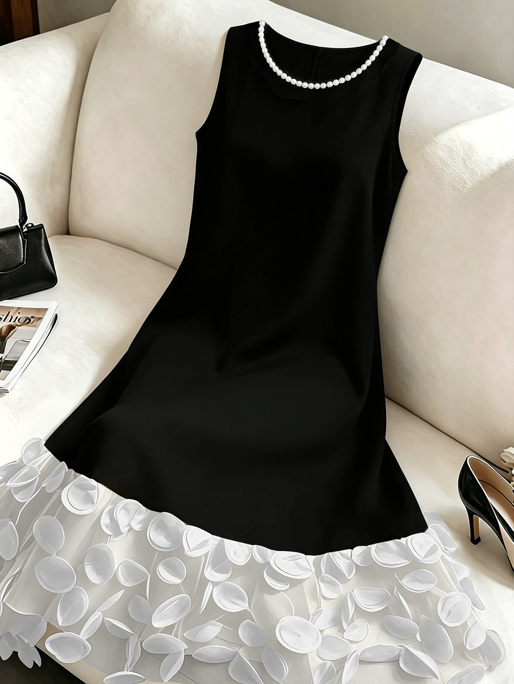 Fashion Solid Color Versatile Round Neck Elegant Women'S Dress, with 3D Patchwork Hem And Beaded Neckline, Summer New Style, Suitable for Elegant Daily Wear, Social Gatherings, Commuting, Outings, Vacations, And More - White