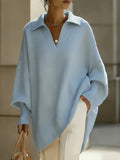New Autumn/Winter French-Style Elegant Pullover, Polo Collar with V-Neckline, Batwing Sleeves and Drop Shoulder Design, Elegant, Comfortable, and Skin-Friendly, Women's Autumn/Winter Clothing, New Autumn Women's Style, Stylish Sweater, Popular Korean - Light Blue