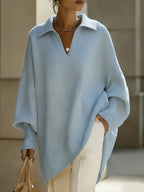 New Autumn/Winter French-Style Elegant Pullover, Polo Collar with V-Neckline, Batwing Sleeves and Drop Shoulder Design, Elegant, Comfortable, and Skin-Friendly, Women's Autumn/Winter Clothing, New Autumn Women's Style, Stylish Sweater, Popular Korean - Light Blue