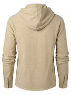 Urban Fashion Men'S Linen Hooded Long Sleeve Top, Tribal Totem Thorn Pattern As Visual Focal Point, Creative Cross-Over Tie Neckline to Avoid Monotony, Long Sleeve Hooded Combination, Creating a Easy And Premium Men'S Outfit - Khaki