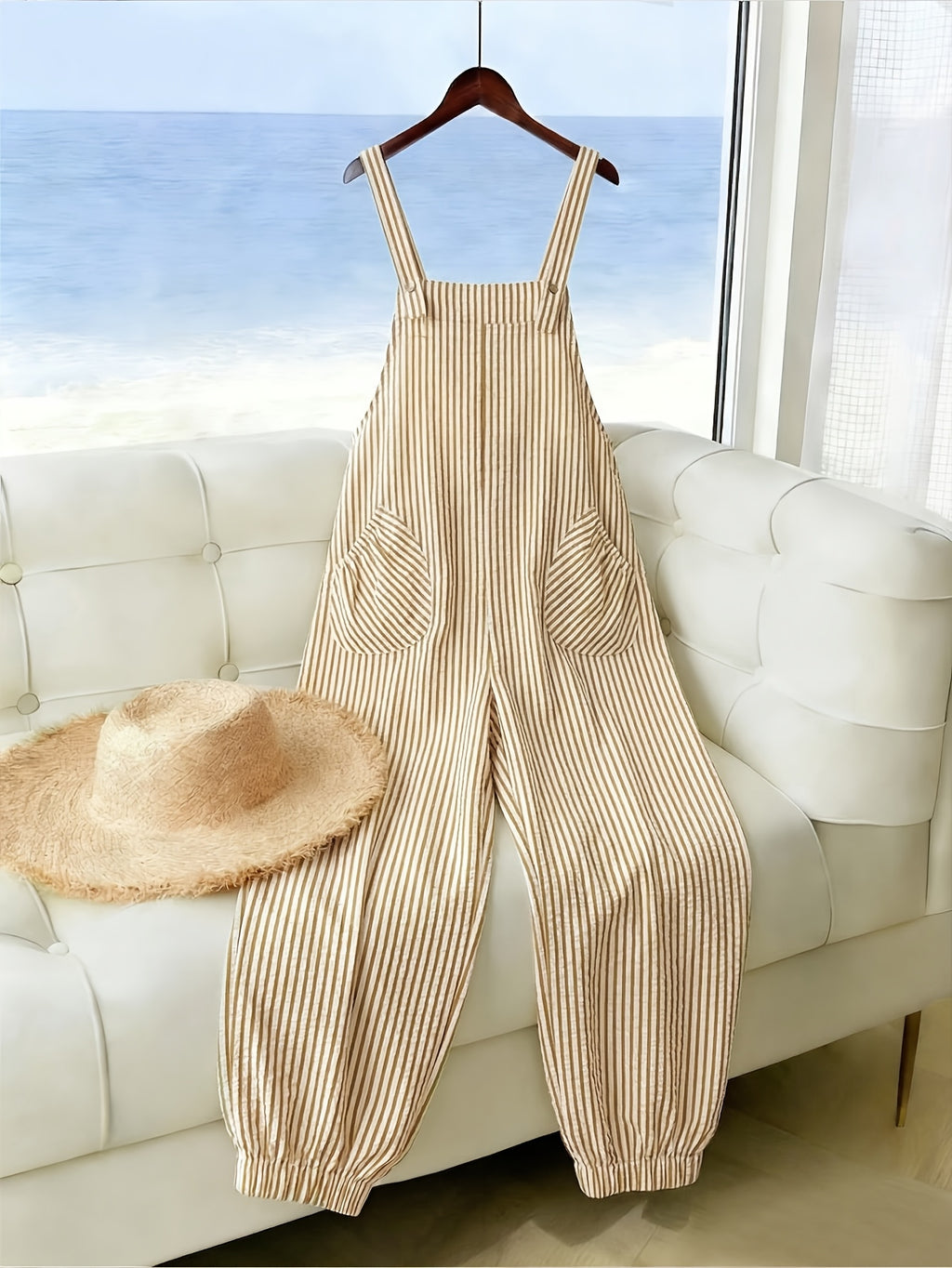 Standard Size Women's Spring/Summer Elegant and Fashionable Commuter Striped Pocket Cuffed Suspender Jumpsuit - Yellow And White Stripes