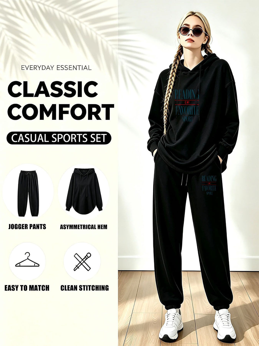 Everyday Essential Casual Sports Set - Relaxed Fit Asymmetrical Hem Hoodie And Drawstring Jogger Pants, Soft Breathable Athletic Tracksuit - Perfect for Yoga, Running, Lounging, Travel, Gym Workout, And Daily Wear - Black